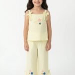Girls Cambric Sleevless Star & 3 Stars Glitter Print Baby Camisole  & Pant Set - Yellow