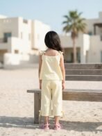 Girls Cambric Sleevless Star & 3 Stars Glitter Print Baby Camisole  & Pant Set - Yellow - Image 2