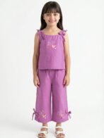 Girls Cambric Sleevless Hearts Glitter Print Baby Camisole  & Pant Set - Voilet