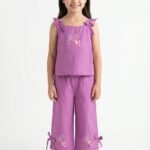 Girls Cambric Sleevless Hearts Glitter Print Baby Camisole  & Pant Set - Voilet