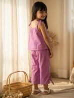 Girls Cambric Sleevless Hearts Glitter Print Baby Camisole  & Pant Set - Voilet - Image 2