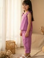 Girls Cambric Sleevless Hearts Glitter Print Baby Camisole  & Pant Set - Voilet - Image 3