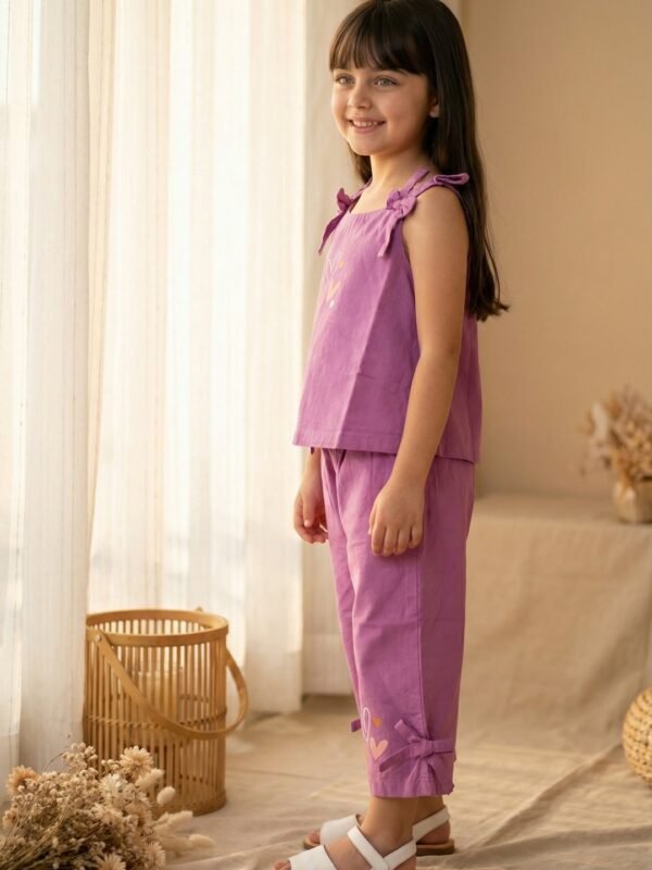 Girls Cambric Sleevless Hearts Glitter Print Baby Camisole  & Pant Set - Voilet - Image 3