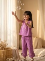 Girls Cambric Sleevless Hearts Glitter Print Baby Camisole  & Pant Set - Voilet - Image 4