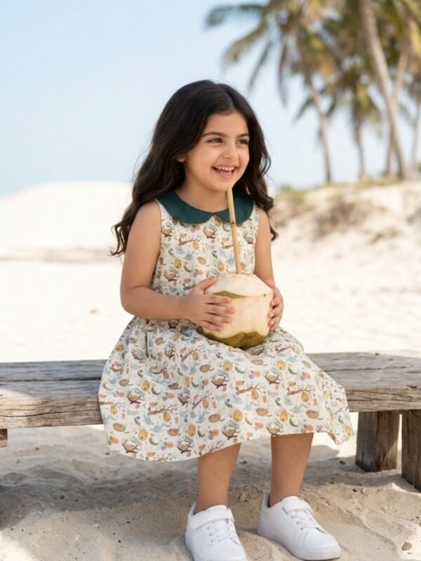 Girls Organic Cotton Single Jersey Sleevless Birds And The All Over Print Dress - Green - Image 4