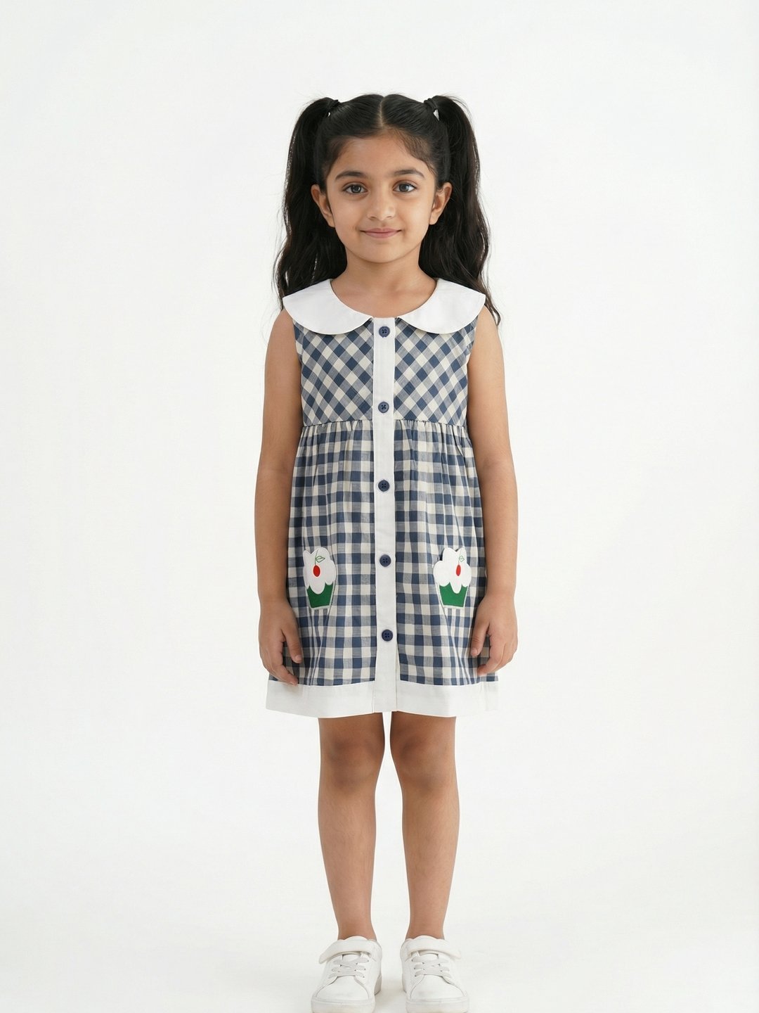 P-135_A.jpg Girls Organic Cotton Poplin Sleevless Cup Cake Applique Pocket Dress - Blue - Image 1