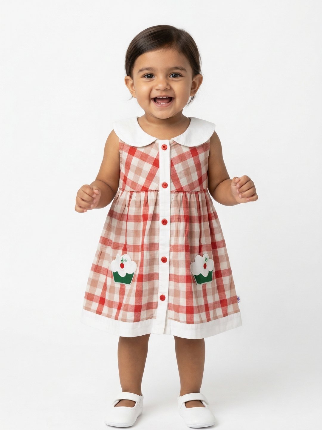 P-136_A.jpg Girls Organic Cotton Poplin Sleevless Cup Cake Applique Pocket Dress - Red - Image 1
