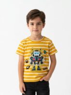 Boys Organic Cotton Interlock ShortSleev Robot Dp Patch & Embroidered T-Shirt - Yellow