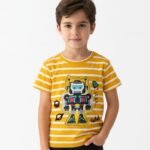 Boys Organic Cotton Interlock ShortSleev Robot Dp Patch & Embroidered T-Shirt - Yellow