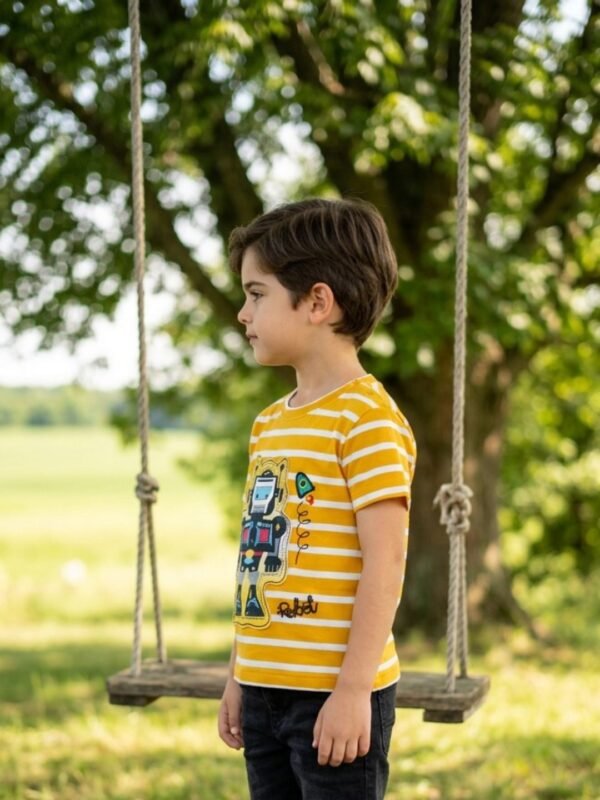 Boys Organic Cotton Interlock ShortSleev Robot Dp Patch & Embroidered T-Shirt - Yellow - Image 3