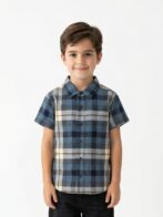 Boys Organic Cotton Checks Short Sleev Solid Shirt - Blue