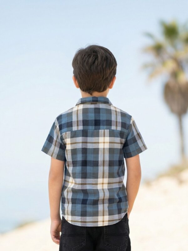 Boys Organic Cotton Checks Short Sleev Solid Shirt - Blue - Image 2