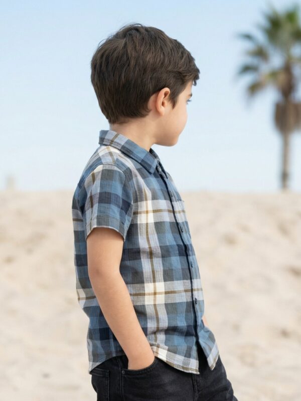 Boys Organic Cotton Checks Short Sleev Solid Shirt - Blue - Image 3