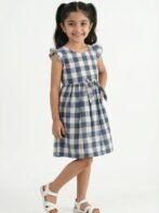 Girls Organic Cotton Checks Sleeveless Solid Dress - Blue