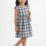 Girls Organic Cotton Checks Sleeveless Solid Dress - Blue
