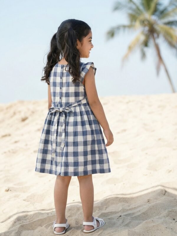 Girls Organic Cotton Checks Sleeveless Solid Dress - Blue - Image 2