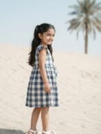 Girls Organic Cotton Checks Sleeveless Solid Dress - Blue - Image 3