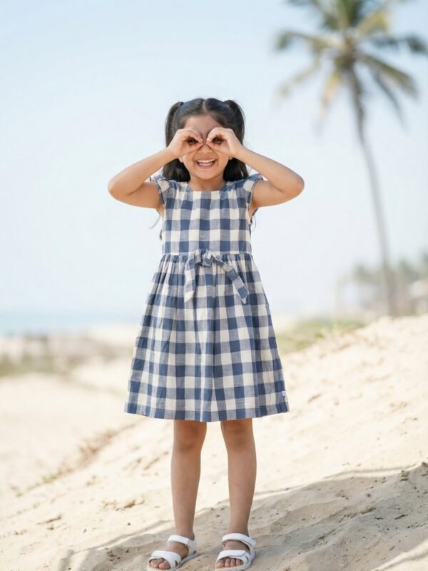 Girls Organic Cotton Checks Sleeveless Solid Dress - Blue - Image 4