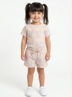 Girls Organic Cotton Single Jersey Short Sleev All Over Print Top & Shorts Set - Cream