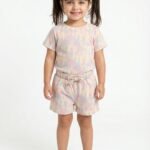 Girls Organic Cotton Single Jersey Short Sleev All Over Print Top & Shorts Set - Cream