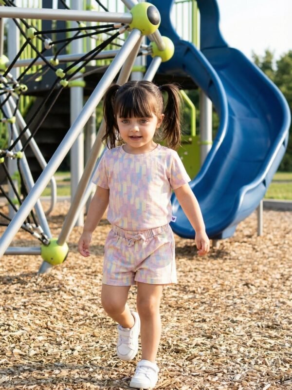 Girls Organic Cotton Single Jersey Short Sleev All Over Print Top & Shorts Set - Cream - Image 4