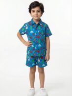 Unisex Organic Cotton Twill  Short Sleev Solid Shirt and Shorts - Blue