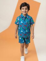 Unisex Organic Cotton Twill  Short Sleev Solid Shirt and Shorts - Blue - Image 4