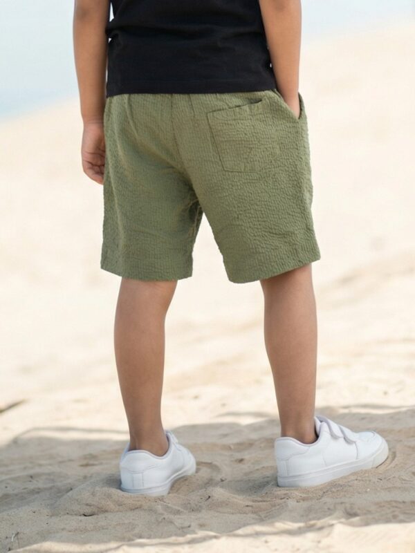 Boys Organic Cotton Seer Sucker Knee Length Rock Embroidered Shorts - Green - Image 2