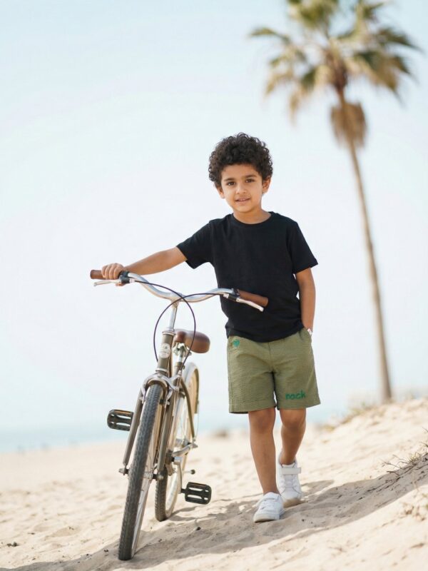 Boys Organic Cotton Seer Sucker Knee Length Rock Embroidered Shorts - Green - Image 4