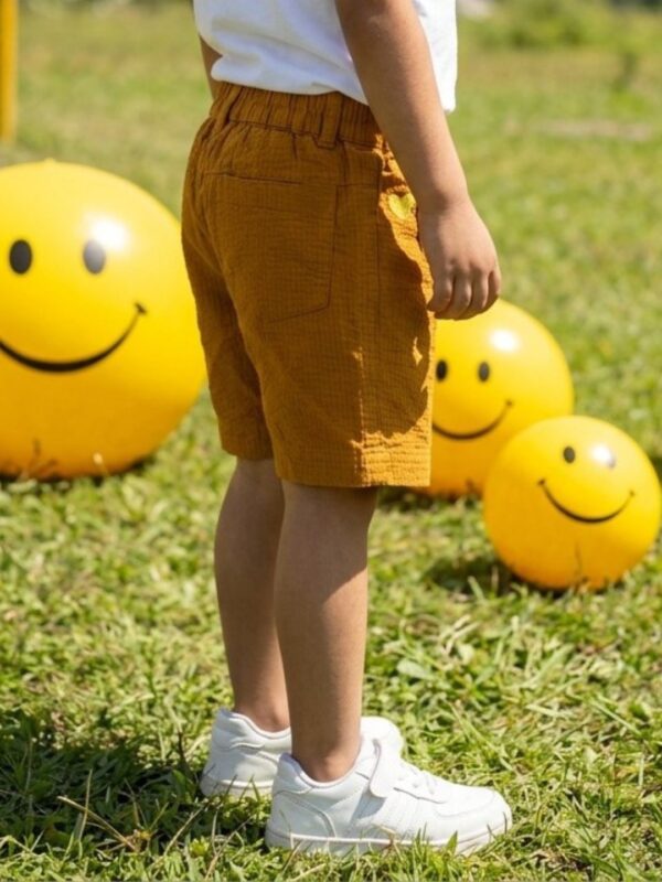 Boys Organic Cotton  Dobby Knee Length My Fun Embroidered Shorts - Gold - Image 3