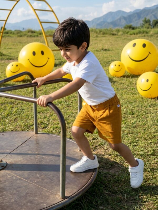 Boys Organic Cotton  Dobby Knee Length My Fun Embroidered Shorts - Gold - Image 4