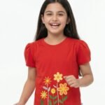 Girls Organic Cotton Single Jersey Short Sleev Flower Embroidered Top - Red