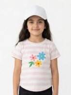Girls Organic Cotton Single Jersey Short Sleev Flower Embroidered Top - Pink
