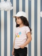 Girls Organic Cotton Single Jersey Short Sleev Flower Embroidered Top - Pink - Image 3