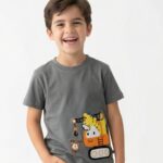 Boys Organic Cotton Single Jersey Short Sleev Giraffe On Crane Applique T-Shirt - Grey