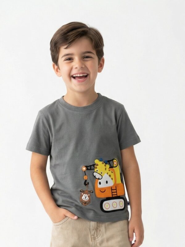 Boys Organic Cotton Single Jersey Short Sleev Giraffe On Crane Applique T-Shirt - Grey - Image 1