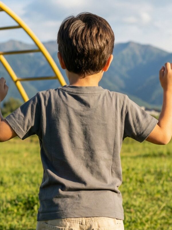 Boys Organic Cotton Single Jersey Short Sleev Giraffe On Crane Applique T-Shirt - Grey - Image 2