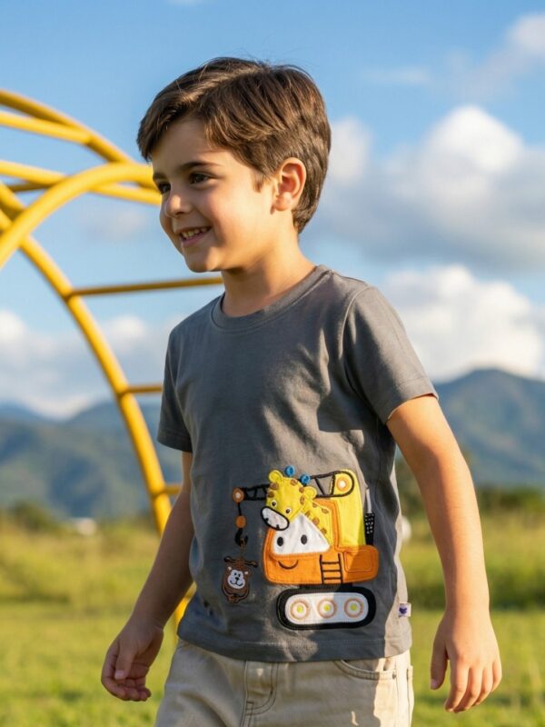 Boys Organic Cotton Single Jersey Short Sleev Giraffe On Crane Applique T-Shirt - Grey - Image 3