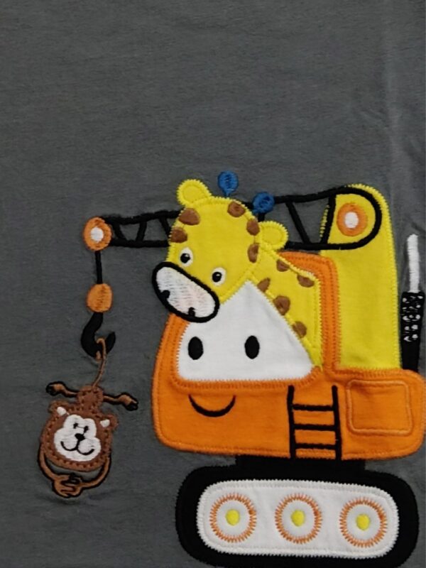 Boys Organic Cotton Single Jersey Short Sleev Giraffe On Crane Applique T-Shirt - Grey - Image 4