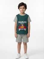 Boys Organic Cotton Single Jersey Short Sleeve Safari Vehical Applique T-Shirt & Shorts Set - Green