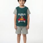 Boys Organic Cotton Single Jersey Short Sleeve Safari Vehical Applique T-Shirt & Shorts Set - Green