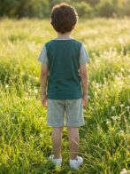 Boys Organic Cotton Single Jersey Short Sleeve Safari Vehical Applique T-Shirt & Shorts Set - Green - Image 2