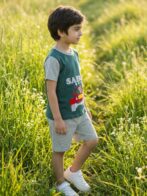 Boys Organic Cotton Single Jersey Short Sleeve Safari Vehical Applique T-Shirt & Shorts Set - Green - Image 3