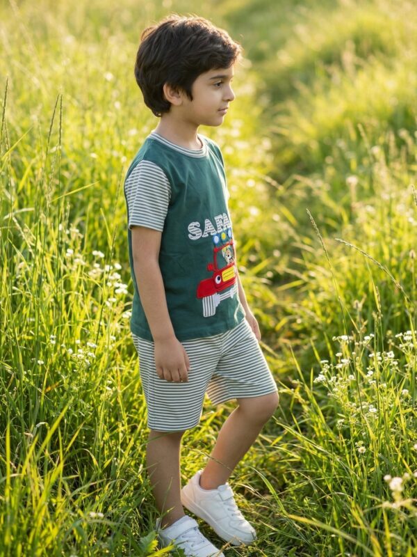 Boys Organic Cotton Single Jersey Short Sleeve Safari Vehical Applique T-Shirt & Shorts Set - Green - Image 3