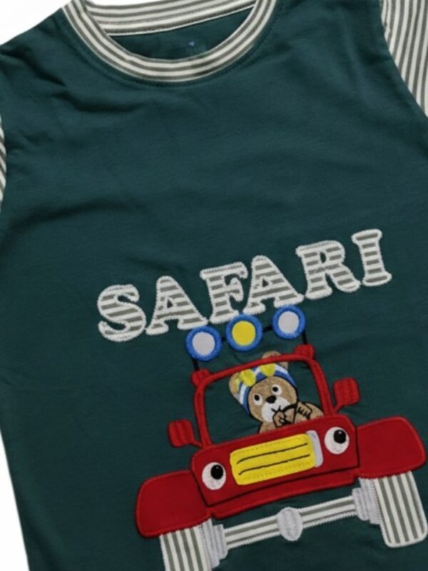 Boys Organic Cotton Single Jersey Short Sleeve Safari Vehical Applique T-Shirt & Shorts Set - Green - Image 4