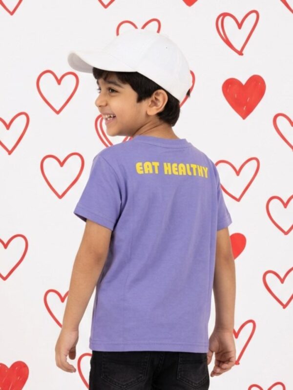 Boys Organic Cotton Single Jersey Short Sleeve Breakfast Print Healthy Embroidered T-Shirt - Voilet - Image 2