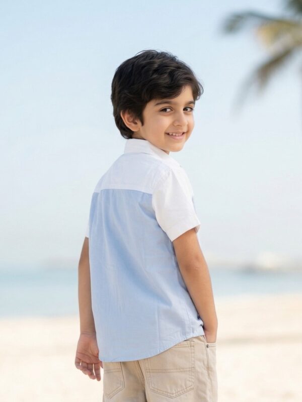 Boys Organic Cotton Poplin Short Sleeve Heart Logo Applique Shirt - Blue - Image 2