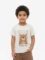 Boys Organic Cotton Single Jersey Short Sleeve Toddly Bear Chest Print T-Shirt - Cream