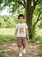 Boys Organic Cotton Single Jersey Short Sleeve Toddly Bear Chest Print T-Shirt - Cream - Image 4
