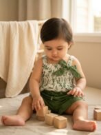 Girls  Organic Cotton Cambric Sleevless Leaf Print Top & Shorts Set - Green